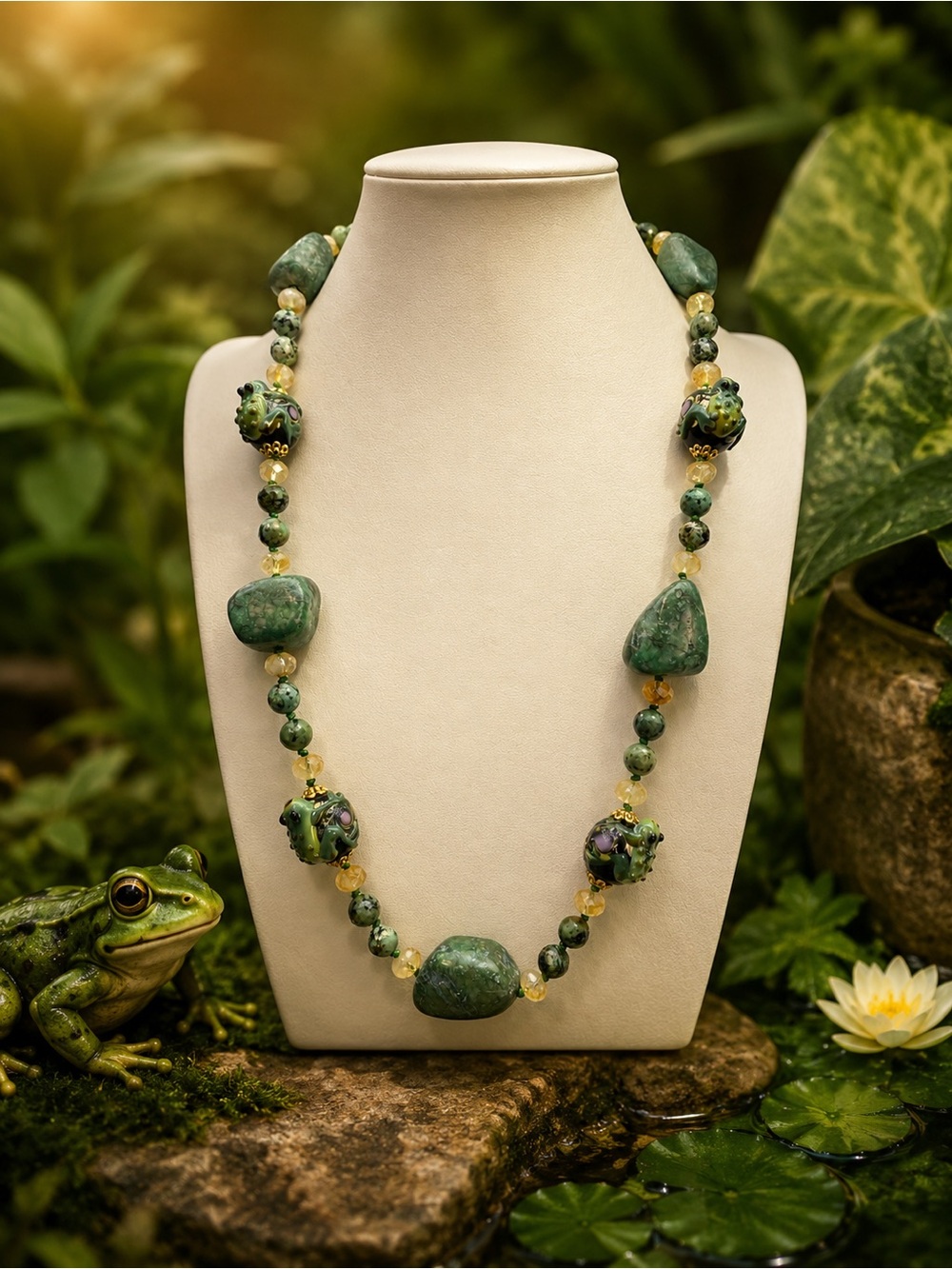 Frog Lampwork Turquoise, Citrine & Chrysocolla Chunk Necklace – 24” Hand Knotted